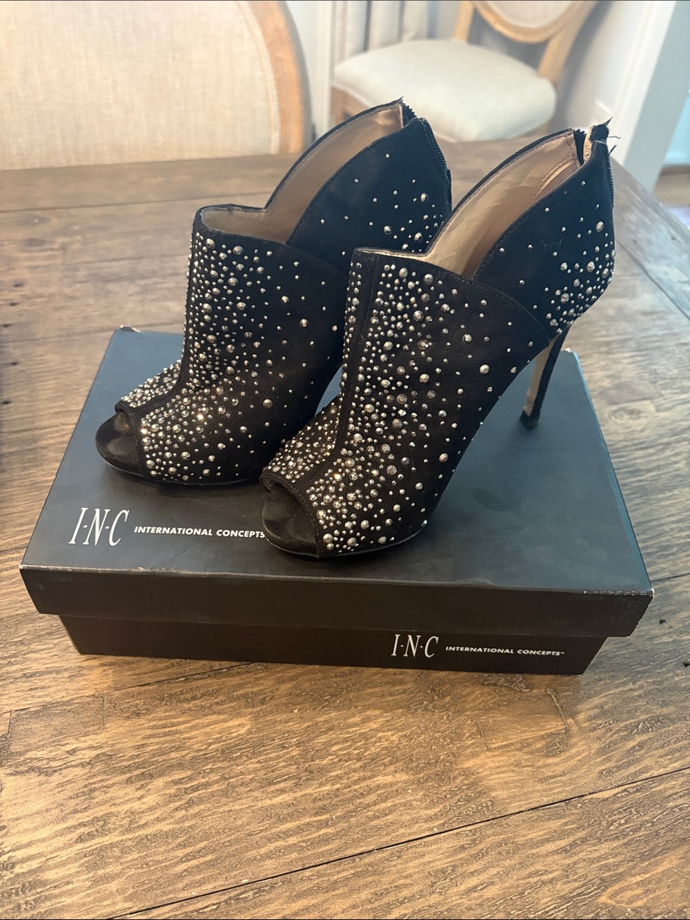 INC International Concepts Black Studded Peep-Toe Booties with Silver Accents